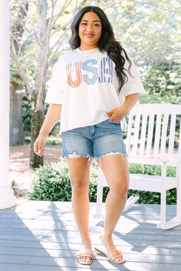 Chic Soul plus size clothing, white short sleeve tee with USA in red white and blue patterned block varsity style font across the chest