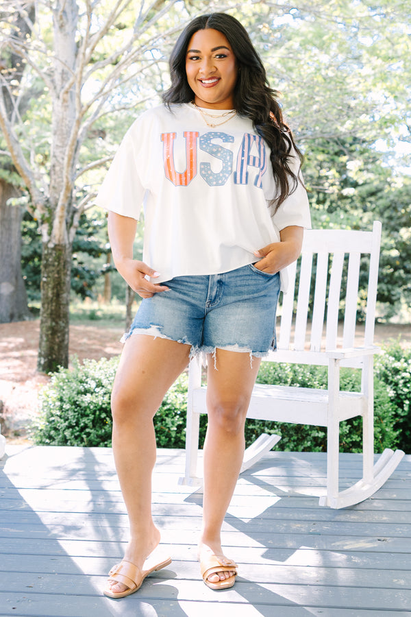 Chic Soul plus size clothing, white short sleeve tee with USA in red white and blue patterned block varsity style font across the chest
