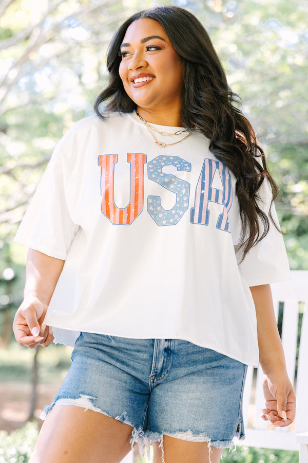 Chic Soul plus size clothing, white short sleeve tee with USA in red white and blue patterned block varsity style font across the chest