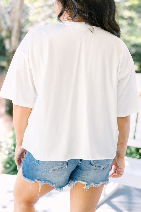 Chic Soul plus size clothing, white short sleeve tee with USA in red white and blue patterned block varsity style font across the chest