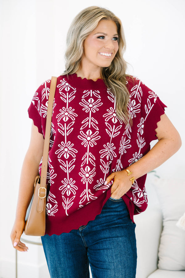 Plus size burgundy Pure Of Heart Sweater with white floral knit, scalloped edges, and a flowy fit.