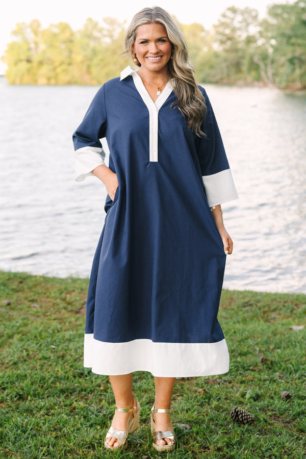 Plus Size blue midi dress with white collar, placket, sleeve cuffs, and hem border.