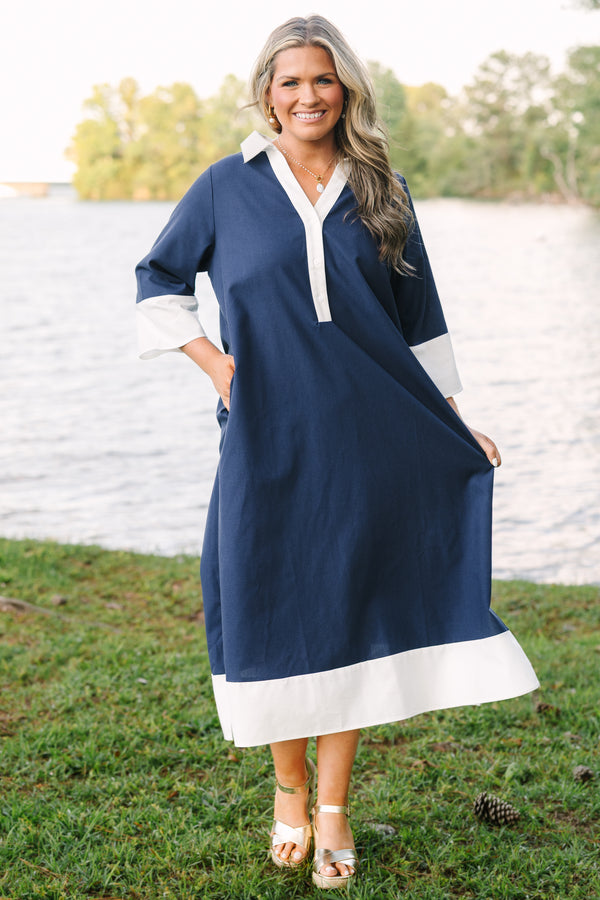 Plus Size blue midi dress with white collar, placket, sleeve cuffs, and hem border.