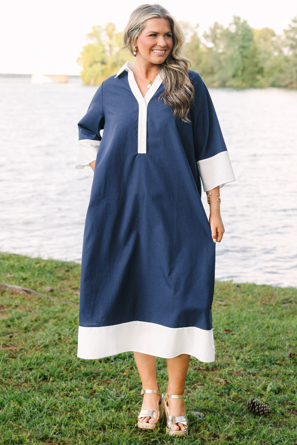 Plus Size blue midi dress with white collar, placket, sleeve cuffs, and hem border.