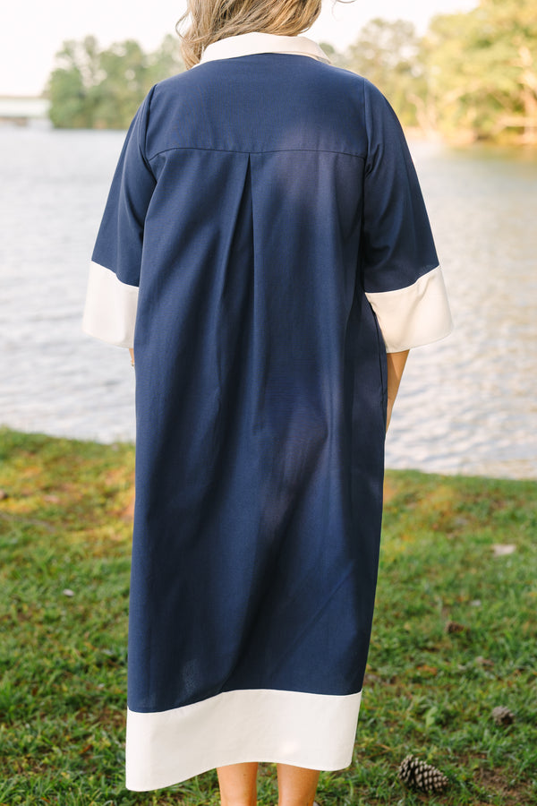 Plus Size blue midi dress with white collar, placket, sleeve cuffs, and hem border.
