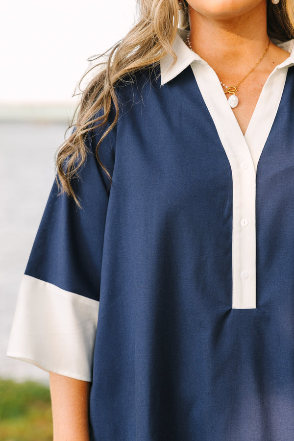 Plus Size blue midi dress with white collar, placket, sleeve cuffs, and hem border.