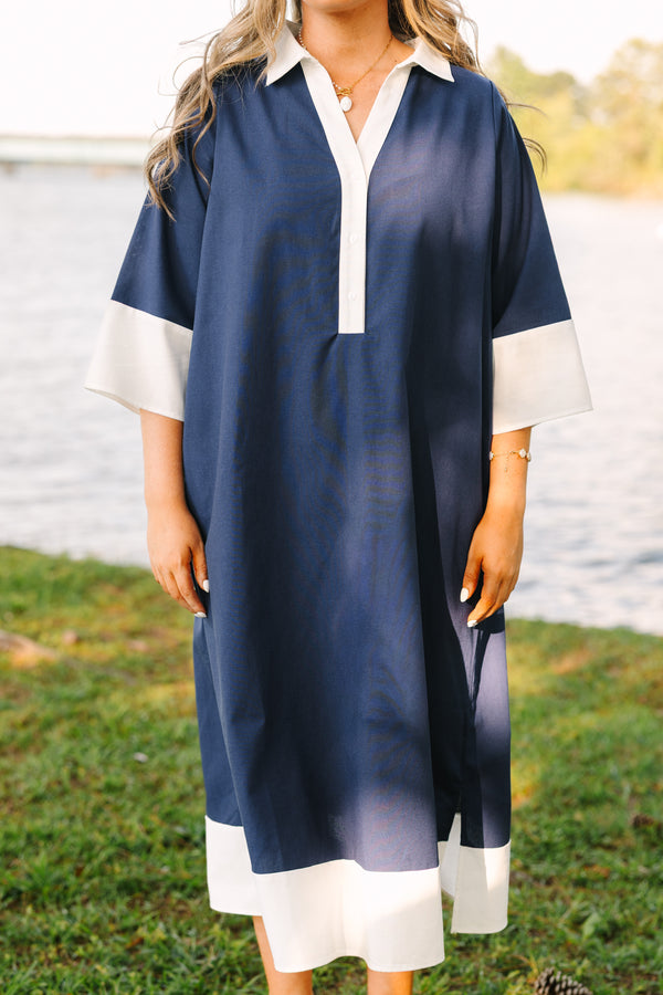 Plus Size blue midi dress with white collar, placket, sleeve cuffs, and hem border.