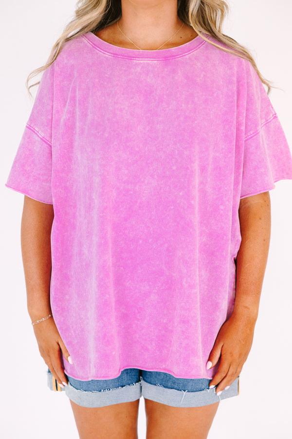 Chic Soul plus size clothing, birght pink short sleeved acid wash tee with relaxed fit