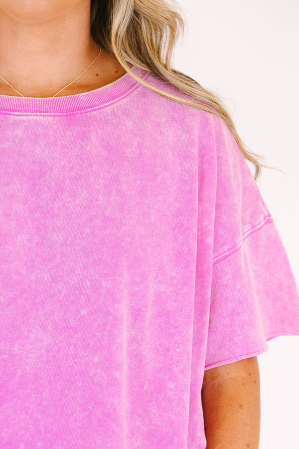 Chic Soul plus size clothing, birght pink short sleeved acid wash tee with relaxed fit