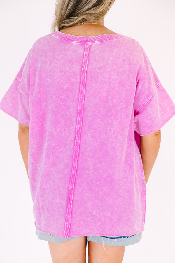 Chic Soul plus size clothing, birght pink short sleeved acid wash tee with relaxed fit