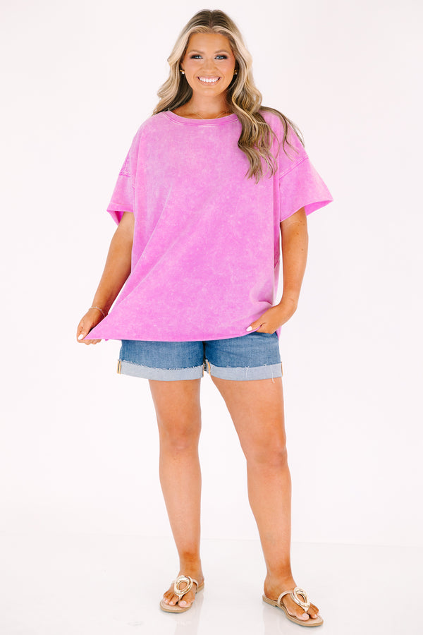 Chic Soul plus size clothing, birght pink short sleeved acid wash tee with relaxed fit