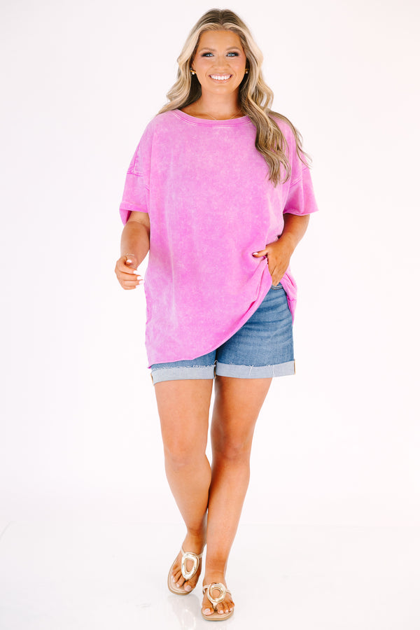 Chic Soul plus size clothing, birght pink short sleeved acid wash tee with relaxed fit