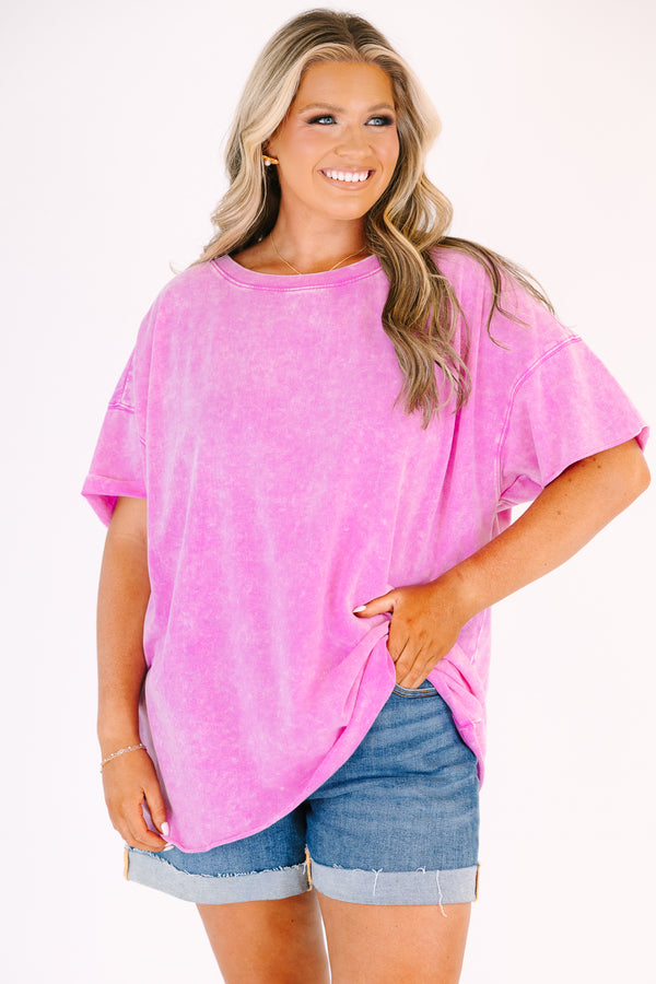 Chic Soul plus size clothing, birght pink short sleeved acid wash tee with relaxed fit
