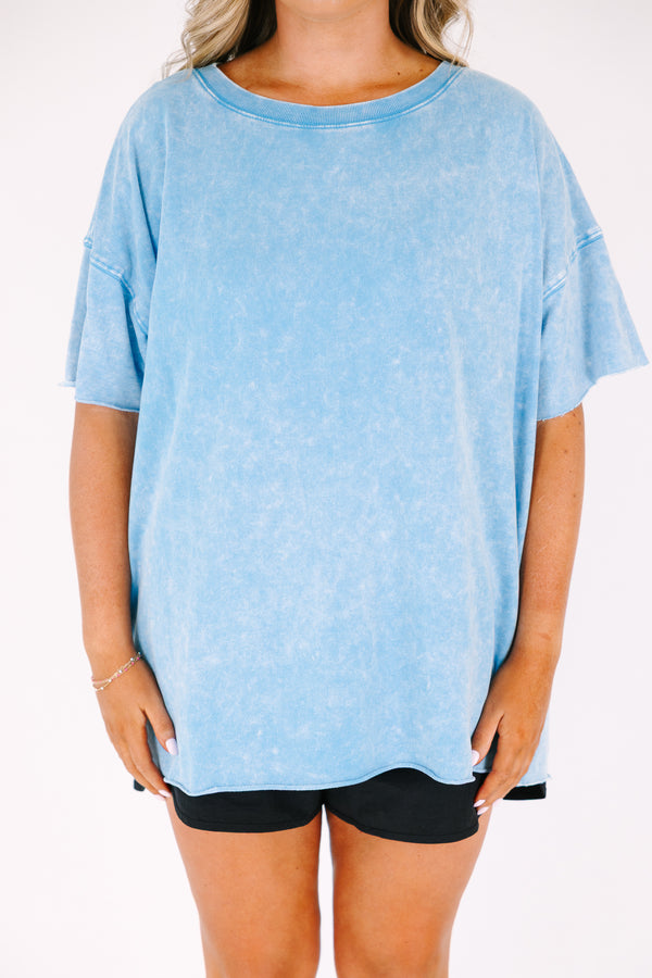 Chic Soul plus size clothing, blue short sleeved acid wash tee with relaxed fit