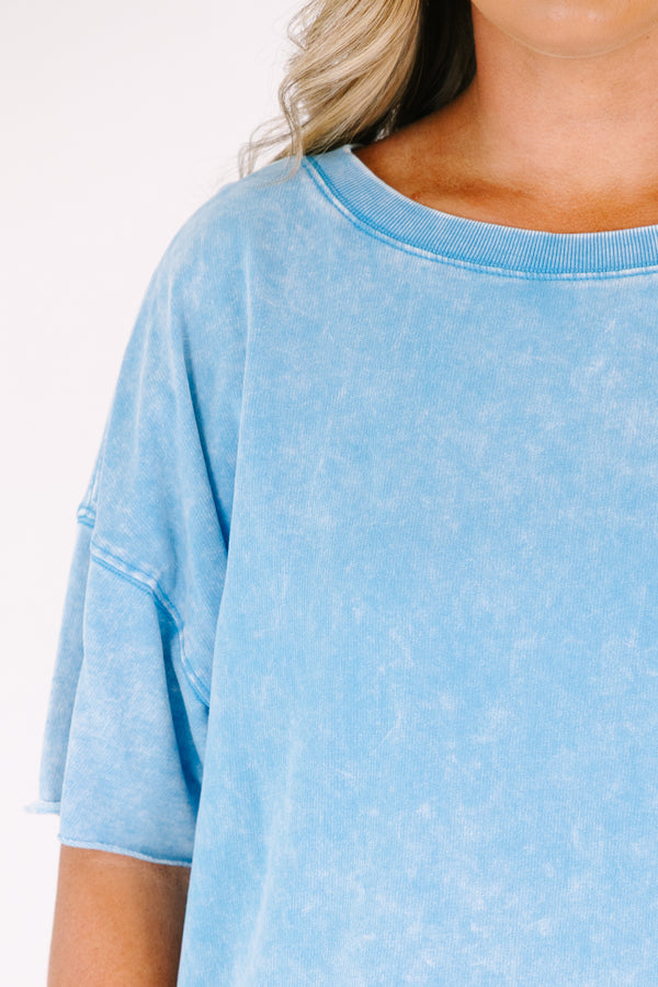 Chic Soul plus size clothing, blue short sleeved acid wash tee with relaxed fit