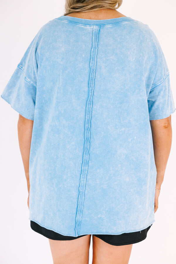 Chic Soul plus size clothing, blue short sleeved acid wash tee with relaxed fit