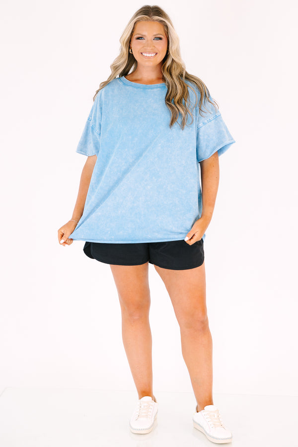 Chic Soul plus size clothing, blue short sleeved acid wash tee with relaxed fit
