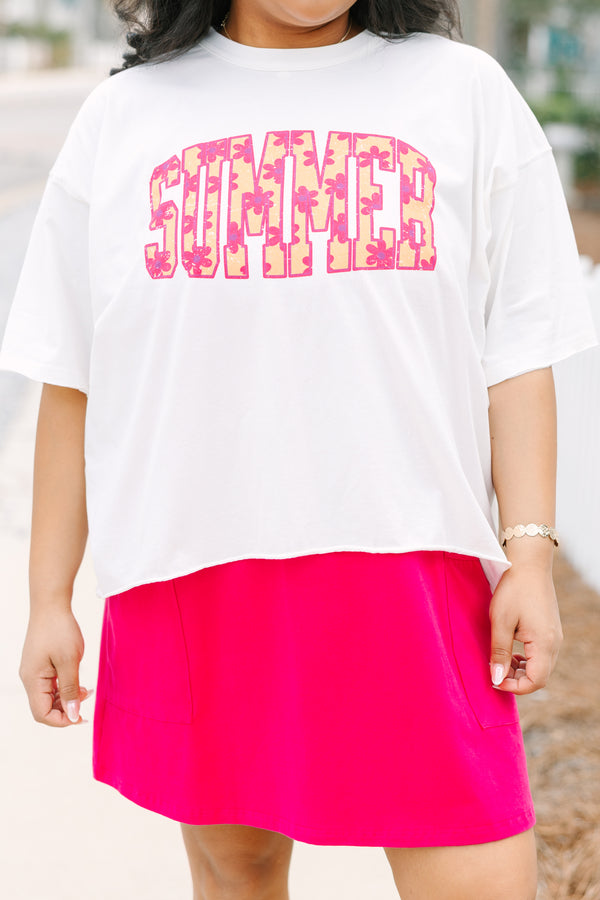 Chic Soul plus size clothing, white short sleeve slightly cropped tee with “Summer” text in bold lock font in yellow and hot pink floral print
