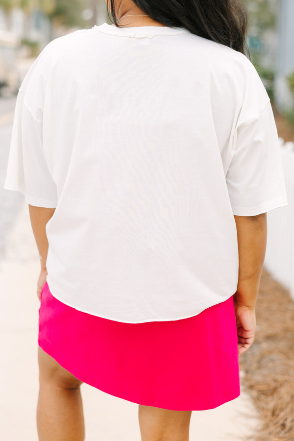 Chic Soul plus size clothing, white short sleeve slightly cropped tee with “Summer” text in bold lock font in yellow and hot pink floral print
