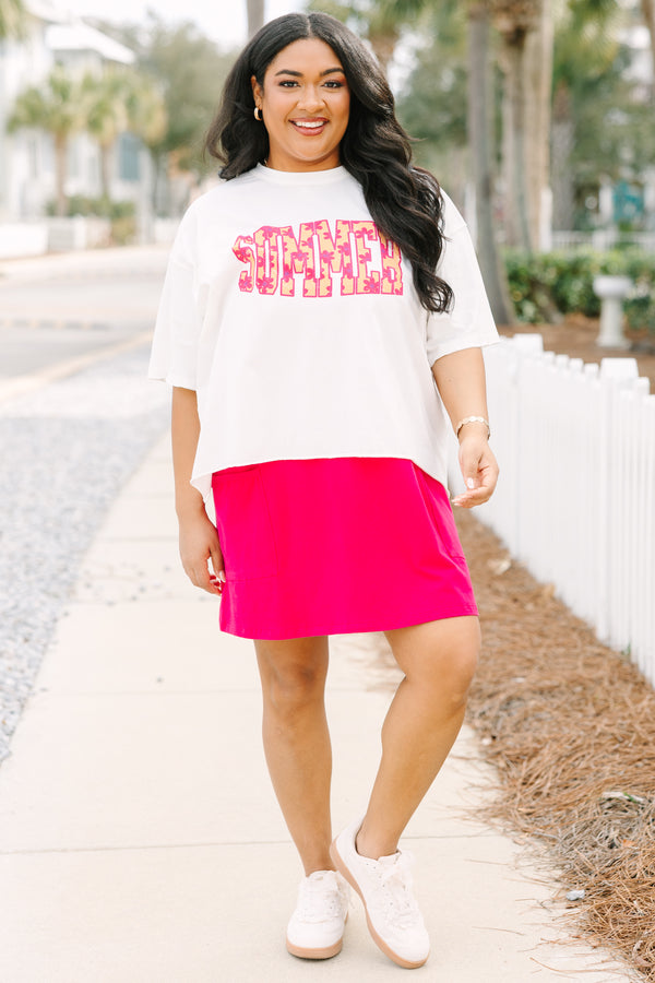 Chic Soul plus size clothing, white short sleeve slightly cropped tee with “Summer” text in bold lock font in yellow and hot pink floral print
