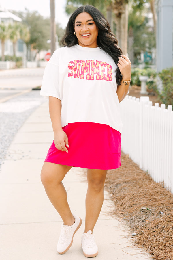 Chic Soul plus size clothing, white short sleeve slightly cropped tee with “Summer” text in bold lock font in yellow and hot pink floral print
