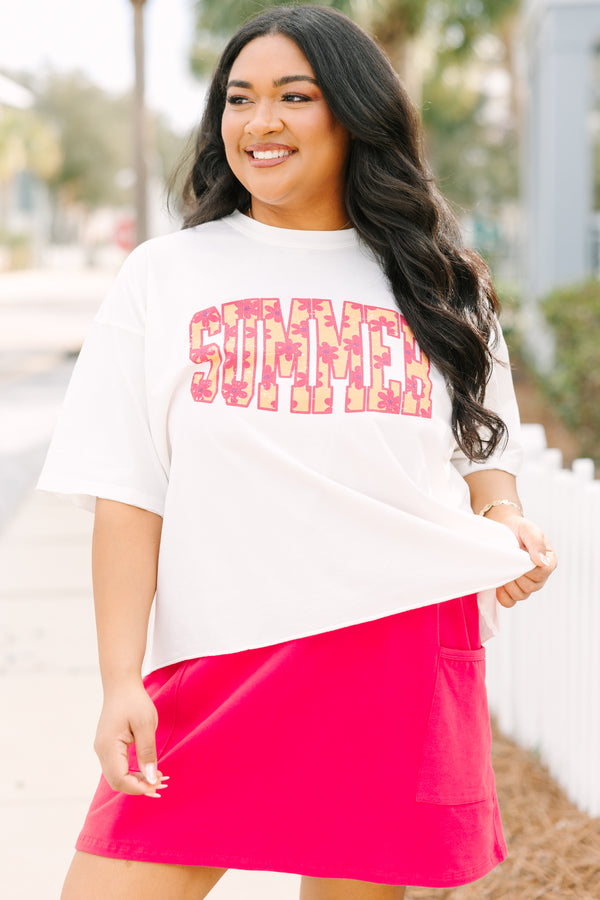 Chic Soul plus size clothing, white short sleeve slightly cropped tee with “Summer” text in bold lock font in yellow and hot pink floral print

