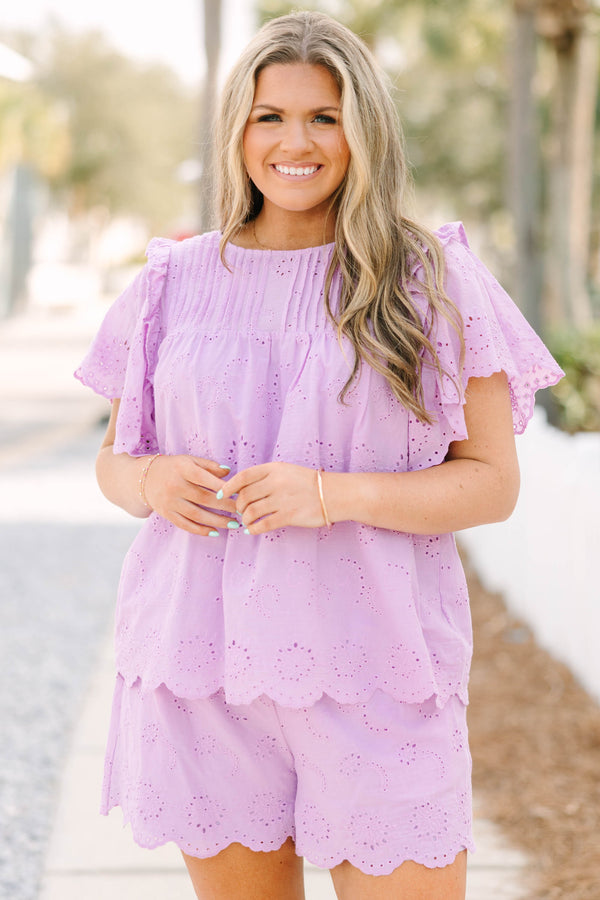 Chic Soul plus size clothing, light purple short flutter sleeve top with eyelet pattern and a high-scoop-neckline and a scalloped edge at the bottom of the top