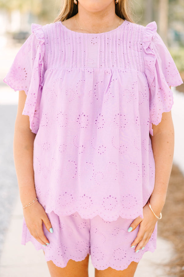 Chic Soul plus size clothing, light purple short flutter sleeve top with eyelet pattern and a high-scoop-neckline and a scalloped edge at the bottom of the top