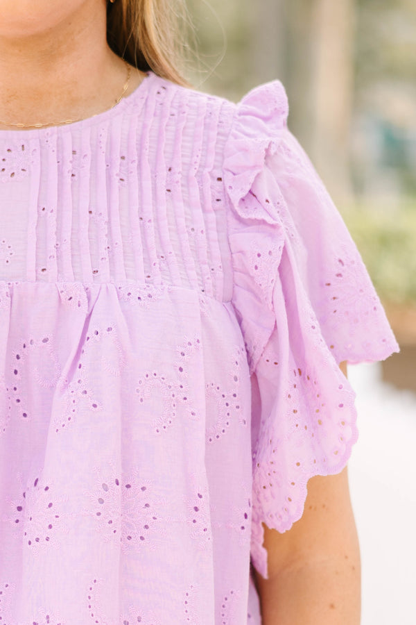 Chic Soul plus size clothing, light purple short flutter sleeve top with eyelet pattern and a high-scoop-neckline and a scalloped edge at the bottom of the top