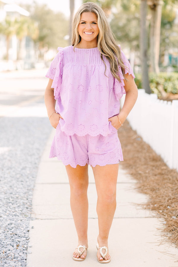 Chic Soul plus size clothing, light purple eyelet patterned shorts with an elastic waistband and scalloped detailing along hemline 