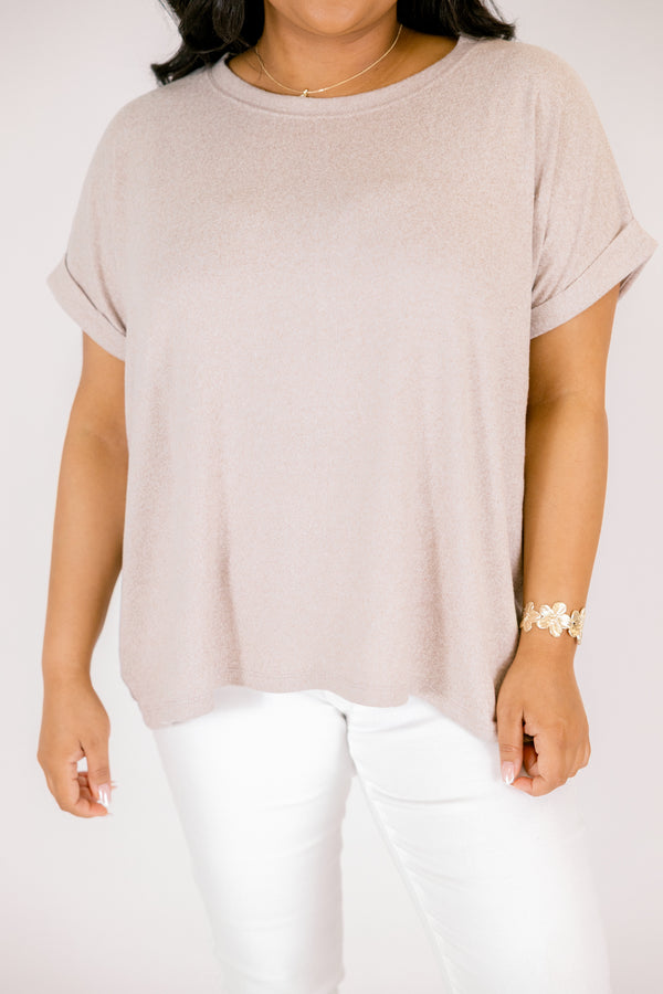 Ash mocha colored tee with short cuffed sleeves and a round neckline