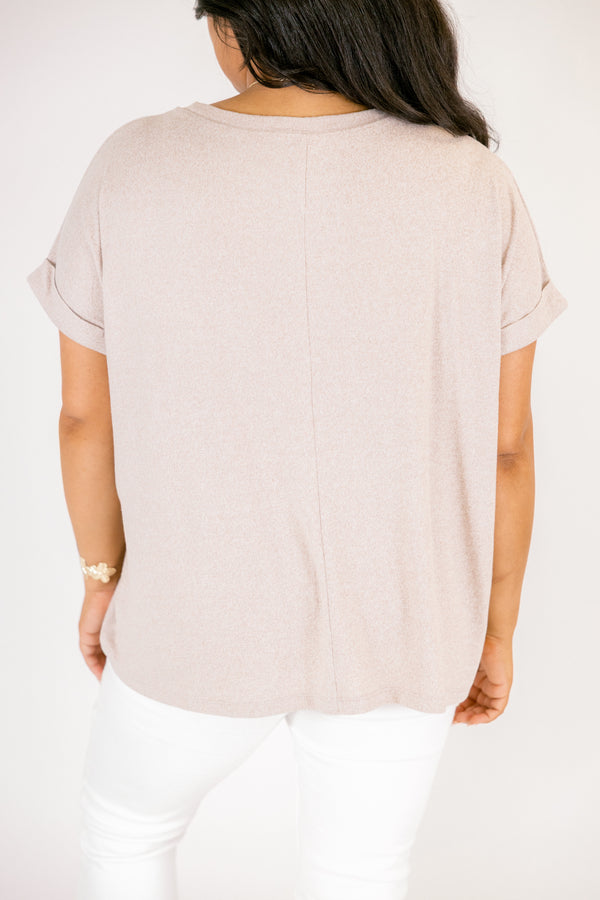 Ash mocha colored tee with short cuffed sleeves and a round neckline