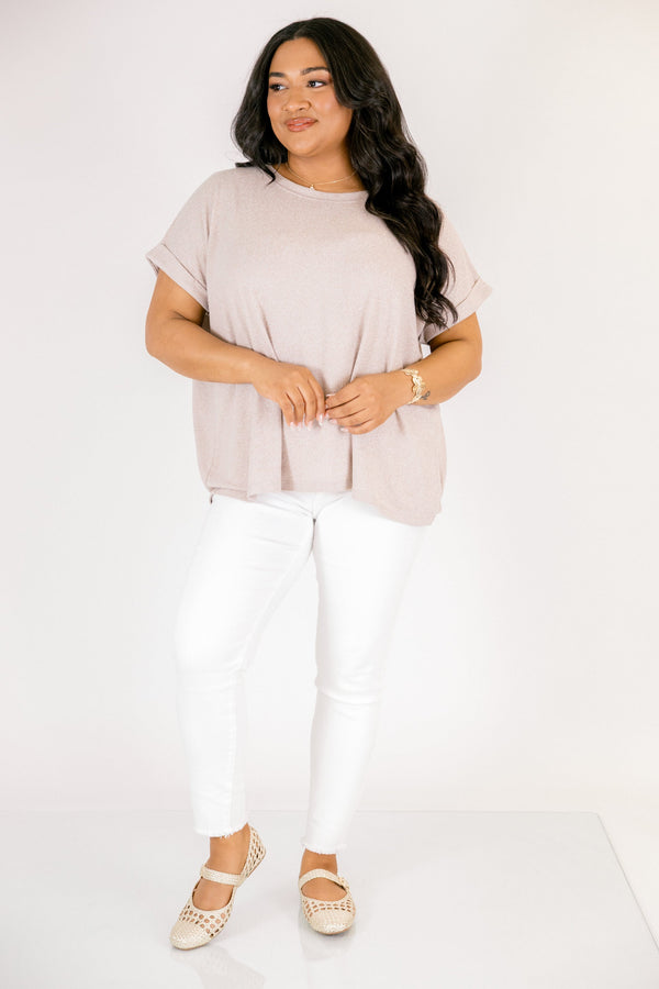 Ash mocha colored tee with short cuffed sleeves and a round neckline