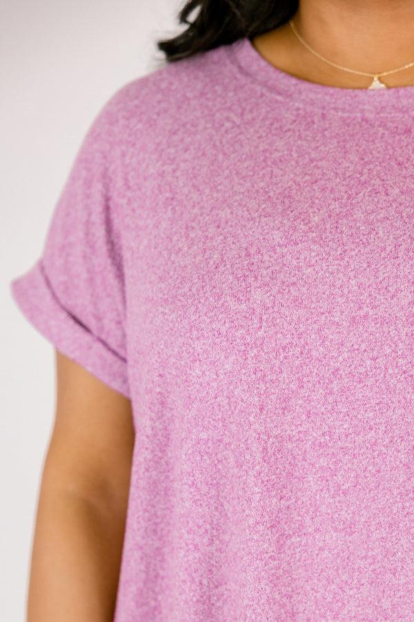 Light plum colored tee with short cuffed sleeves and a round neckline