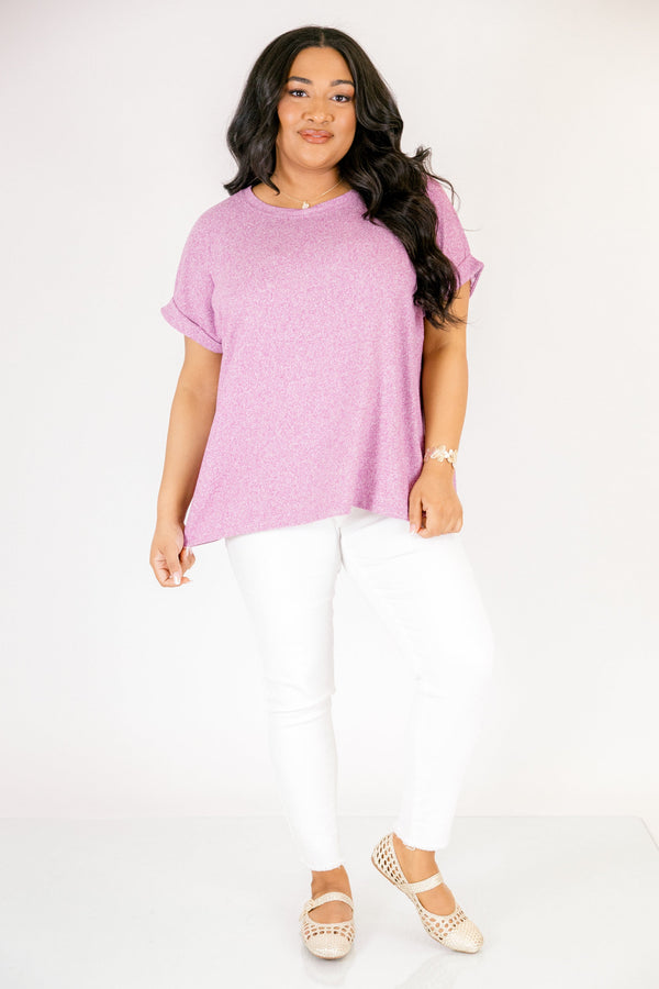 Light plum colored tee with short cuffed sleeves and a round neckline