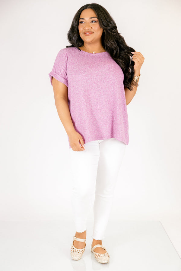 Light plum colored tee with short cuffed sleeves and a round neckline