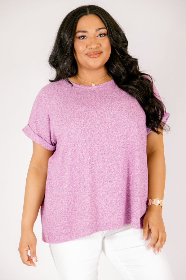Light plum colored tee with short cuffed sleeves and a round neckline
