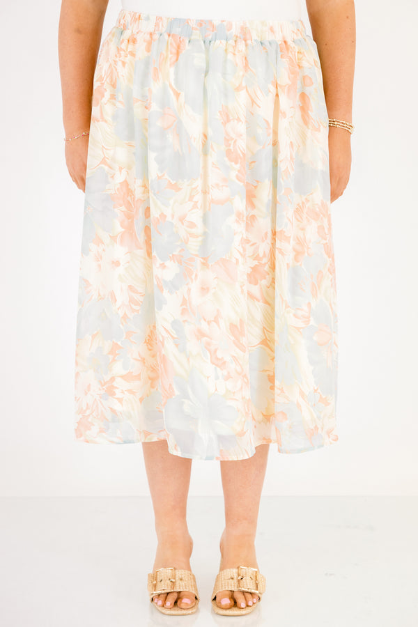 Chic Soul plus size clothing, light blue and coral floral flowy midi skirt