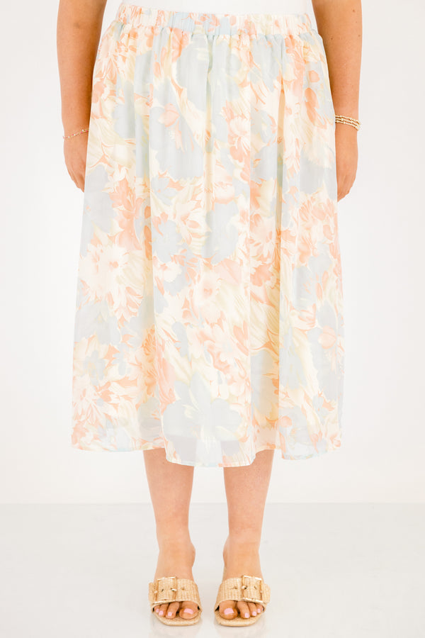 Chic Soul plus size clothing, light blue and coral floral flowy midi skirt