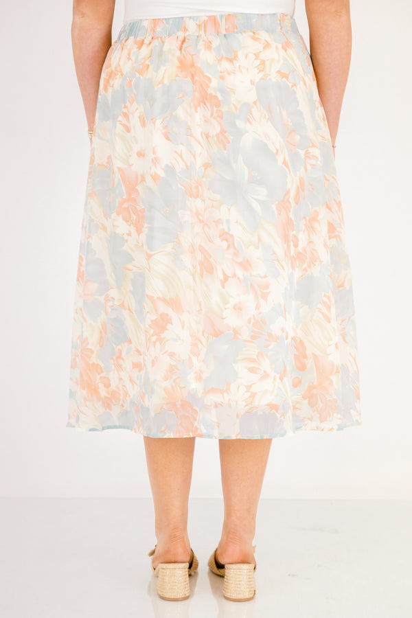 Chic Soul plus size clothing, light blue and coral floral flowy midi skirt
