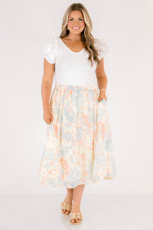 Chic Soul plus size clothing, light blue and coral floral flowy midi skirt
