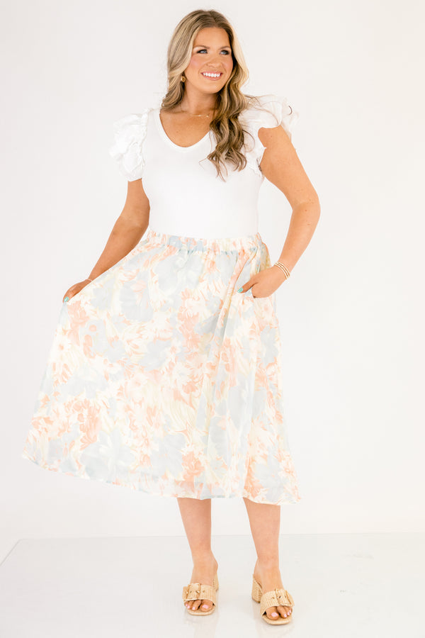 Chic Soul plus size clothing, light blue and coral floral flowy midi skirt