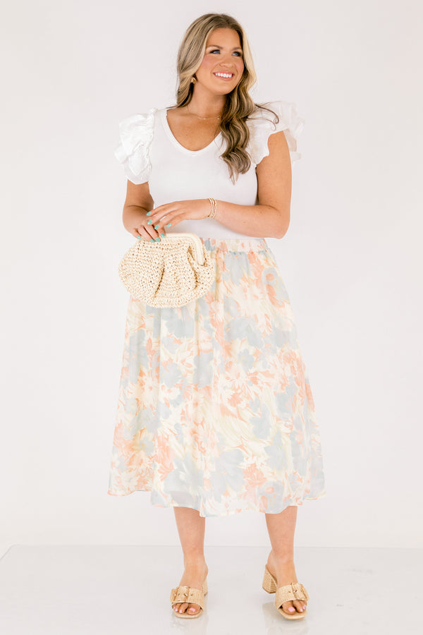 Chic Soul plus size clothing, light blue and coral floral flowy midi skirt