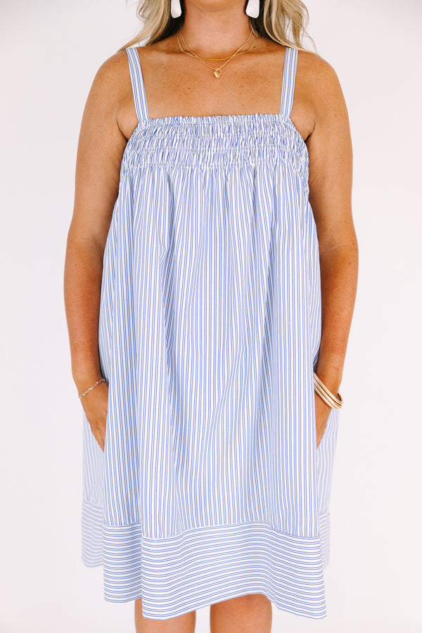 Chic Soul plus size clothing, blue and white striped knee length babydoll dress