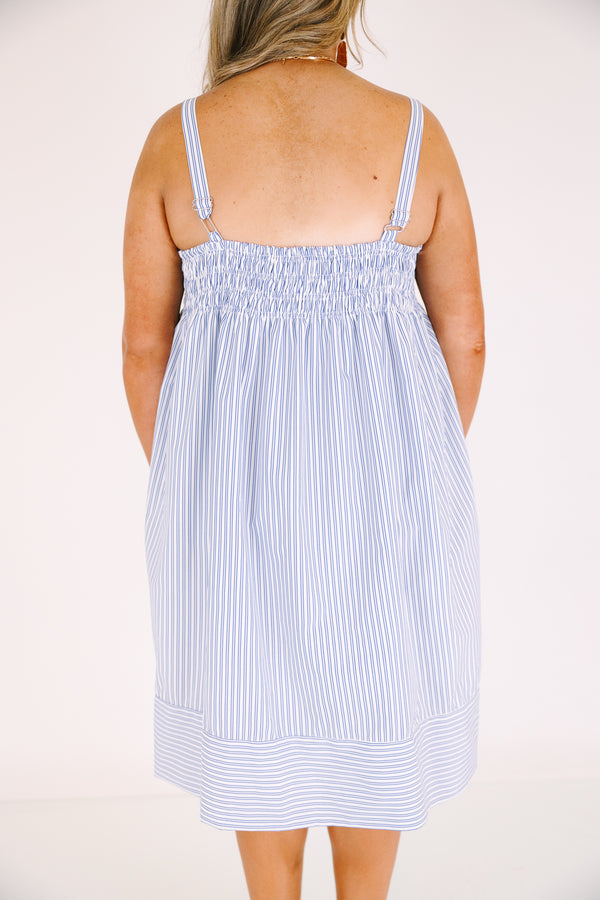 Chic Soul plus size clothing, blue and white striped knee length babydoll dress
