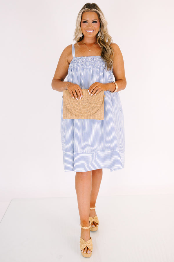 Chic Soul plus size clothing, blue and white striped knee length babydoll dress