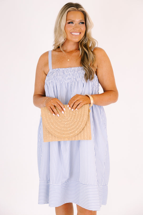 Chic Soul plus size clothing, blue and white striped knee length babydoll dress