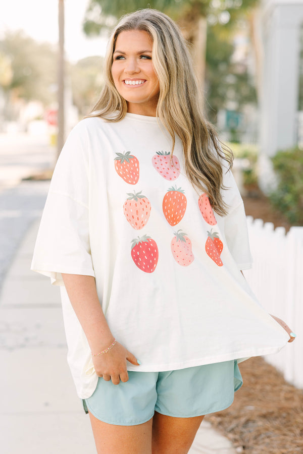 Chic Soul plus size clothing, white short sleeve boyfriend tee with nine red and pink strawberry graphics on the front