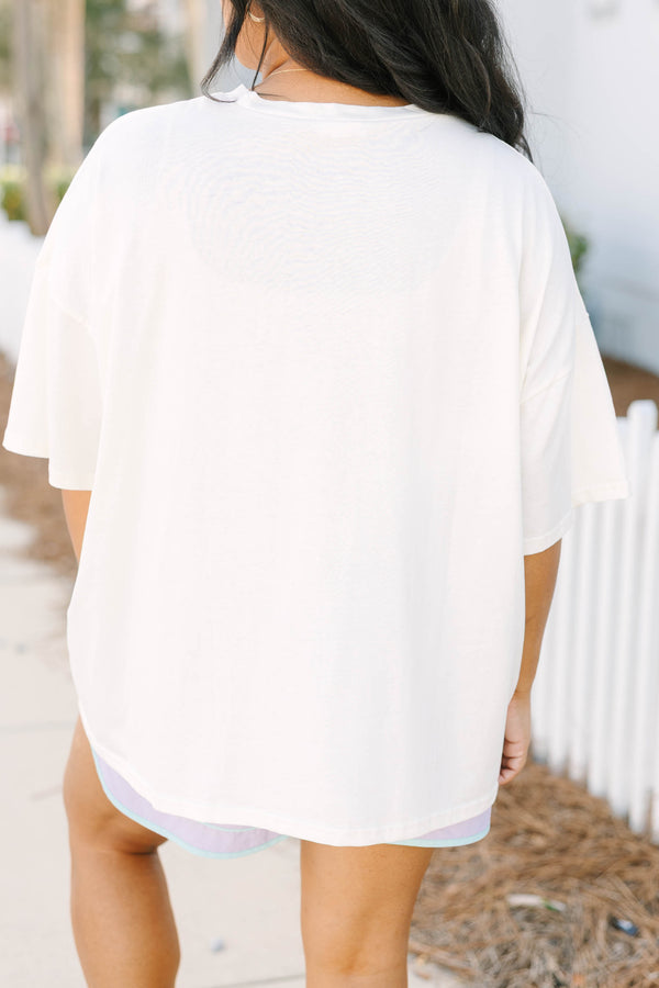 Chic Soul plus size clothing, ivory white short sleeve boyfriend tee with 