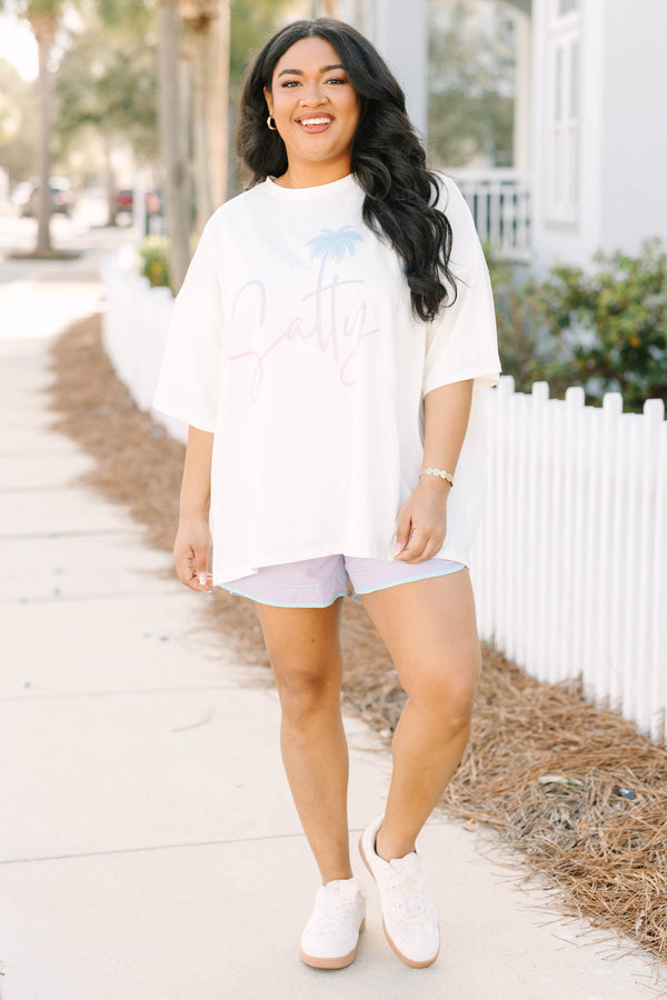 Chic Soul plus size clothing, ivory white short sleeve boyfriend tee with 